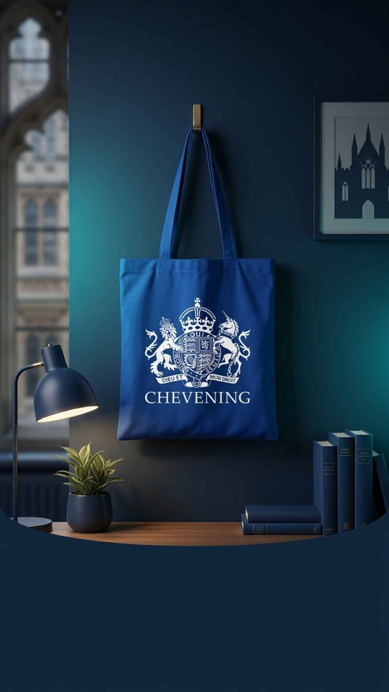 A royal blue study room with a Chevening branded tote bag